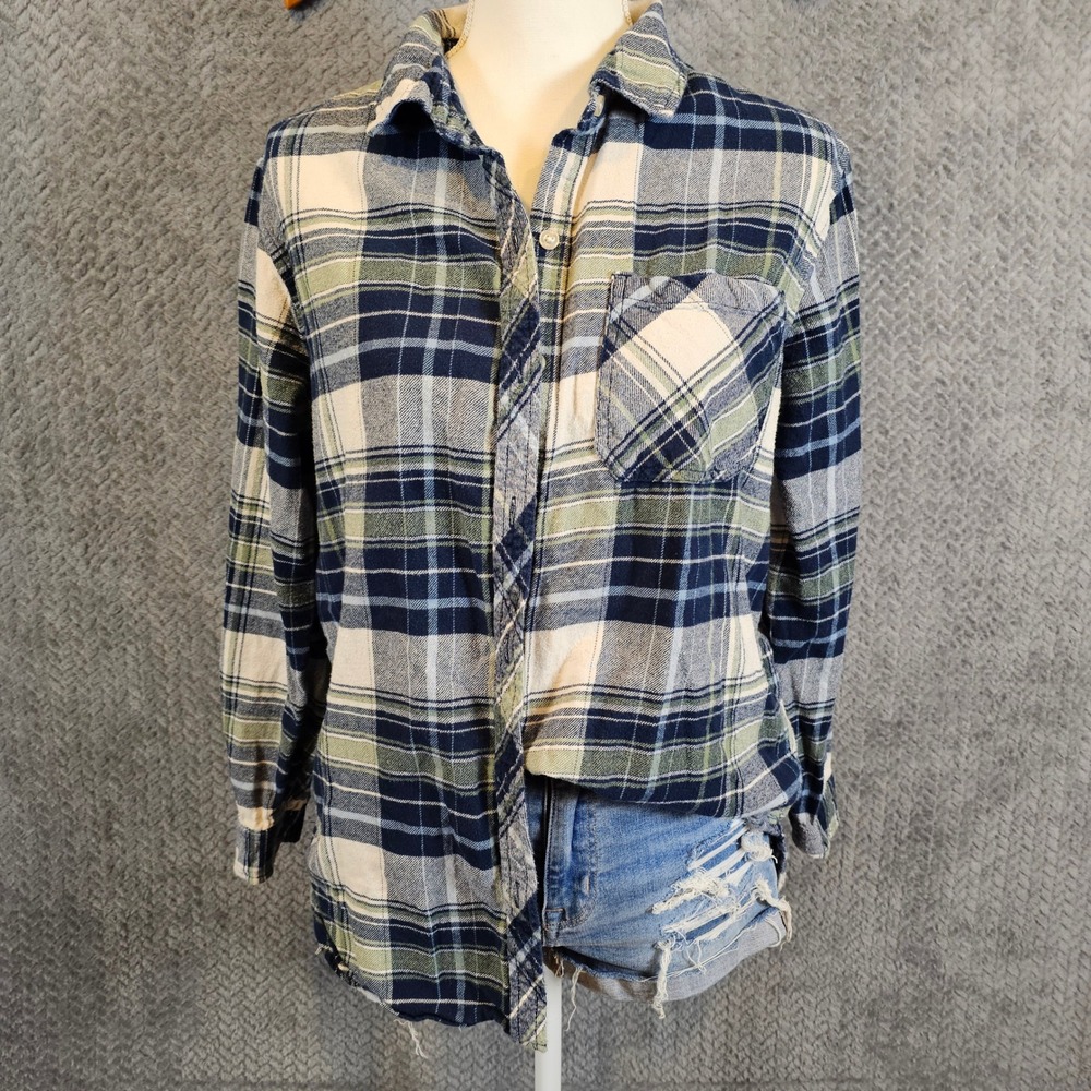 GAP Womens Large Blue Green Plaid Flannel Button Down Cotton Shirt L Long Sleeve